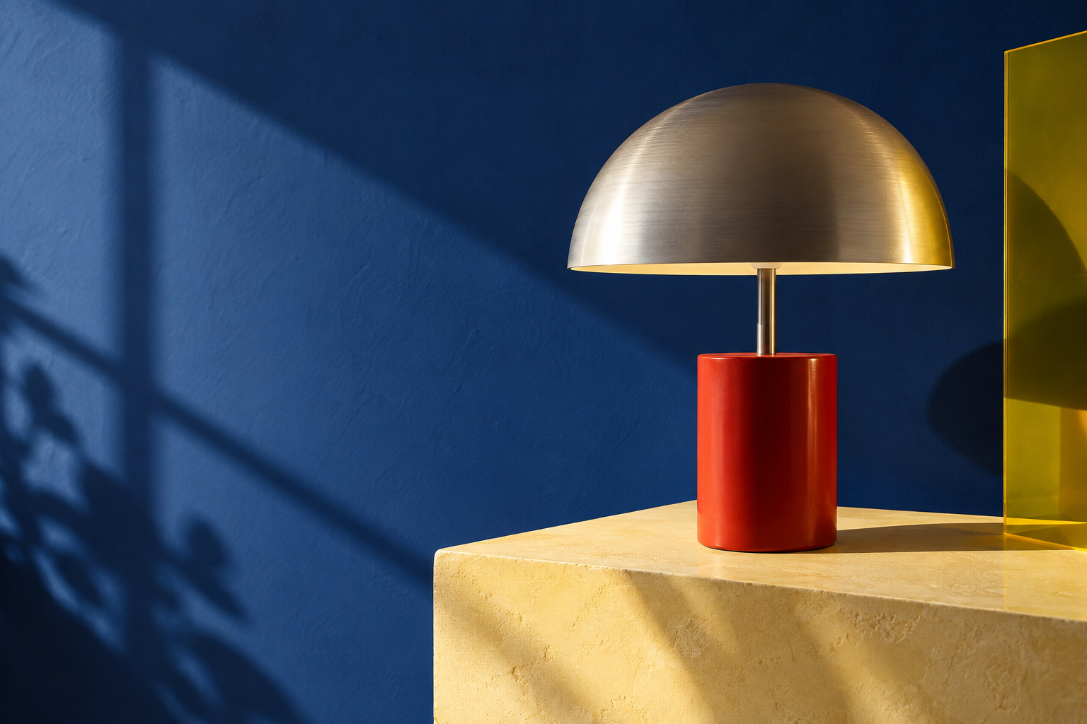 Sculptural aluminium and red Orbit Lamp on a pale plinth